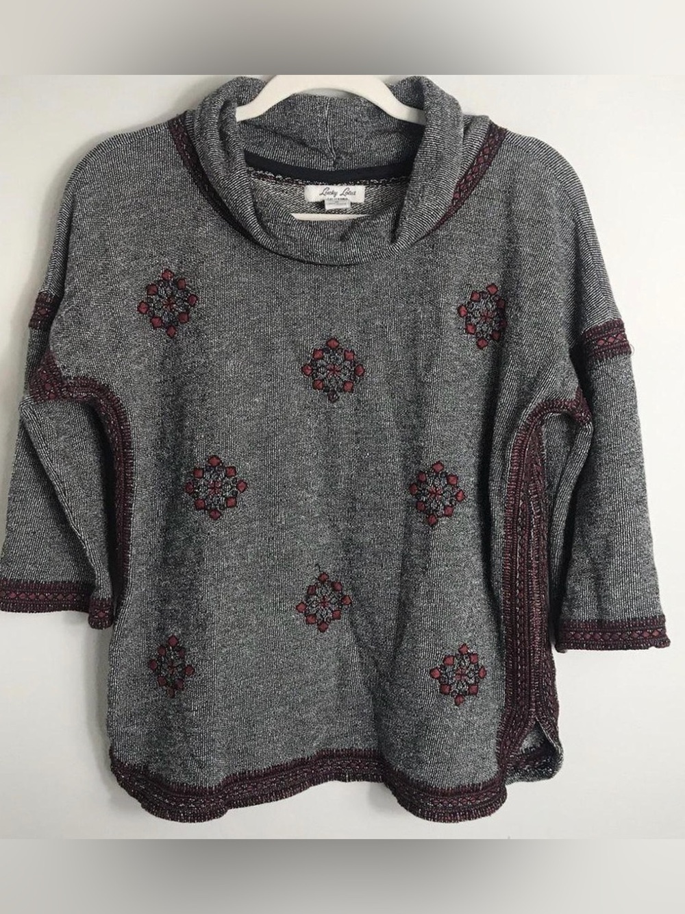 Lucky Brand Gray Cowl Neck Sweater with Burgundy Embroidered Motifs